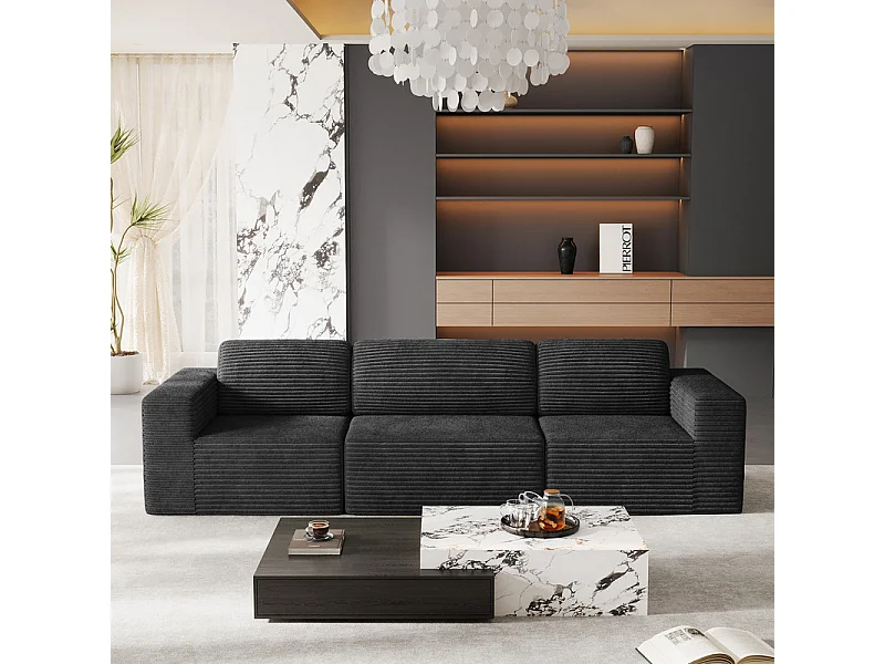 Canapé 3 places modulable en Velours Côtelé, avec 3 coussins, 303x101x82cm, Noir