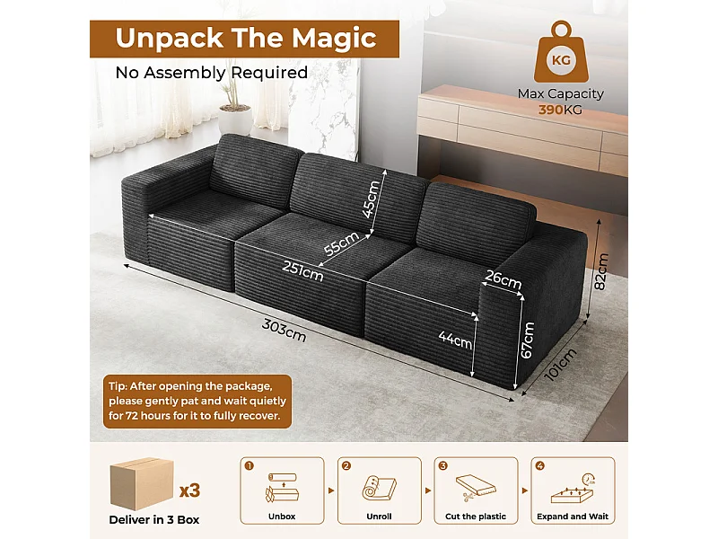 Canapé 3 places modulable en Velours Côtelé, avec 3 coussins, 303x101x82cm, Noir