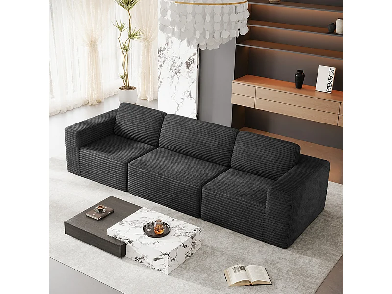 Canapé 3 places modulable en Velours Côtelé, avec 3 coussins, 303x101x82cm, Noir