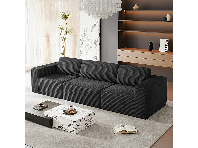 Sofá Modular 3 plazas en Pana, con 3 cojines, 303x101x82cm, Negro