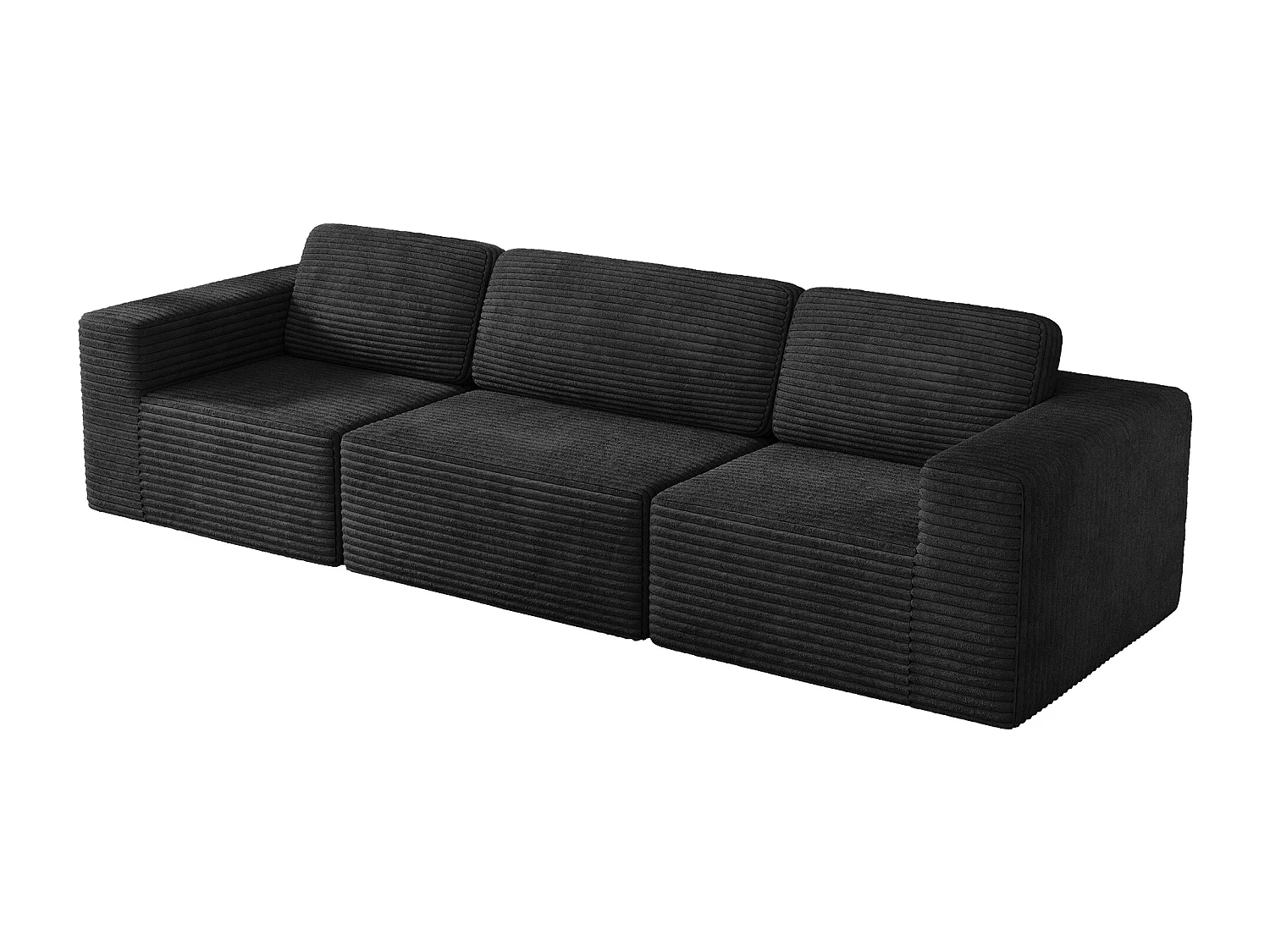 Sofá Modular 3 plazas en Pana, con 3 cojines, 303x101x82cm, Negro