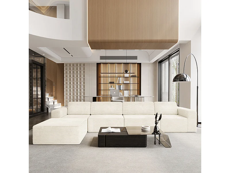 Grand Canapé 4 places modulable en Velours Côtelé, avec pouf et 4 coussins, 404x202x82cm, Beige