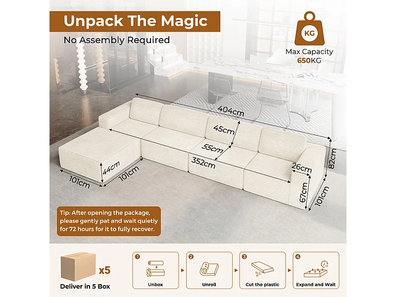 Grand Canapé 4 places modulable en Velours Côtelé, avec pouf et 4 coussins, 404x202x82cm, Beige