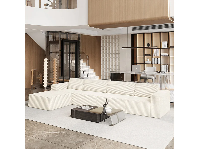 Grand Canapé 4 places modulable en Velours Côtelé, avec pouf et 4 coussins, 404x202x82cm, Beige