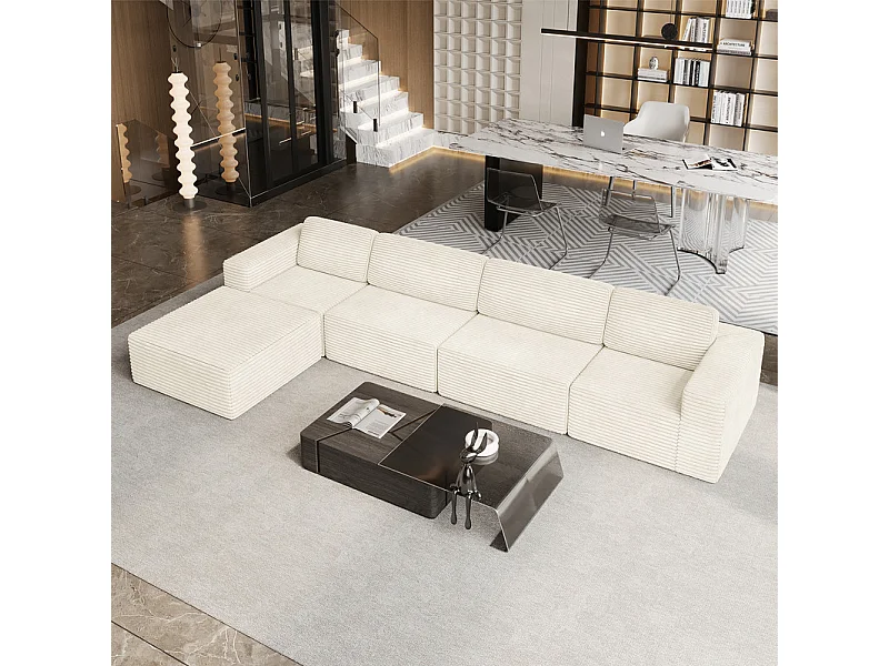 Grand Canapé 4 places modulable en Velours Côtelé, avec pouf et 4 coussins, 404x202x82cm, Beige