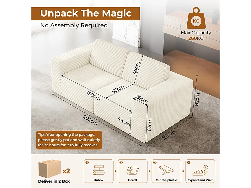 Canapé 2 places modulable en Velours Côtelé, avec 2 coussins, 202x101x82cm, Beige