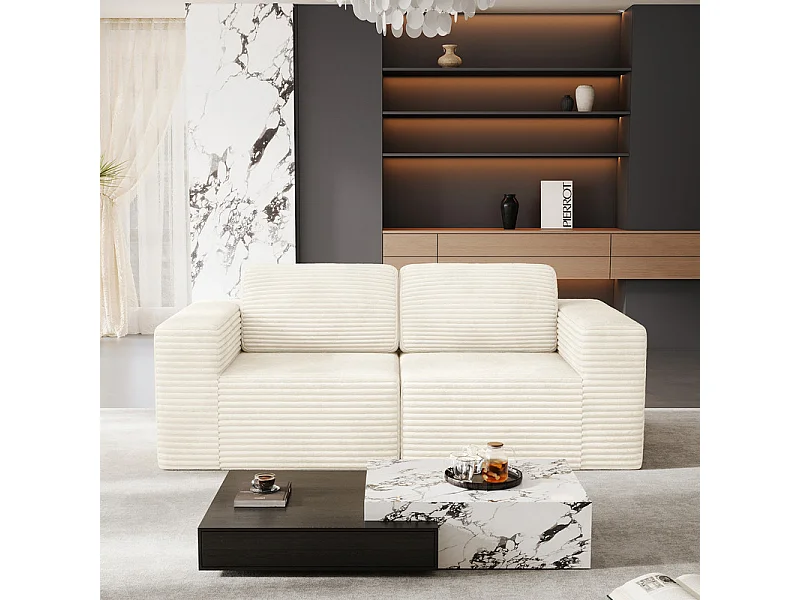 Canapé 2 places modulable en Velours Côtelé, avec 2 coussins, 202x101x82cm, Beige