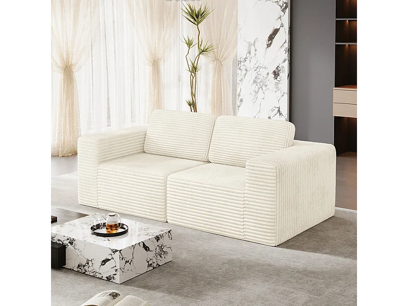 Canapé 2 places modulable en Velours Côtelé, avec 2 coussins, 202x101x82cm, Beige
