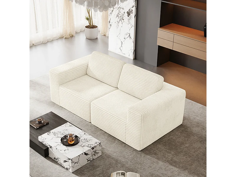 Canapé 2 places modulable en Velours Côtelé, avec 2 coussins, 202x101x82cm, Beige