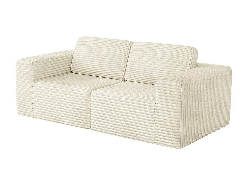 Canapé 2 places modulable en Velours Côtelé, avec 2 coussins, 202x101x82cm, Beige