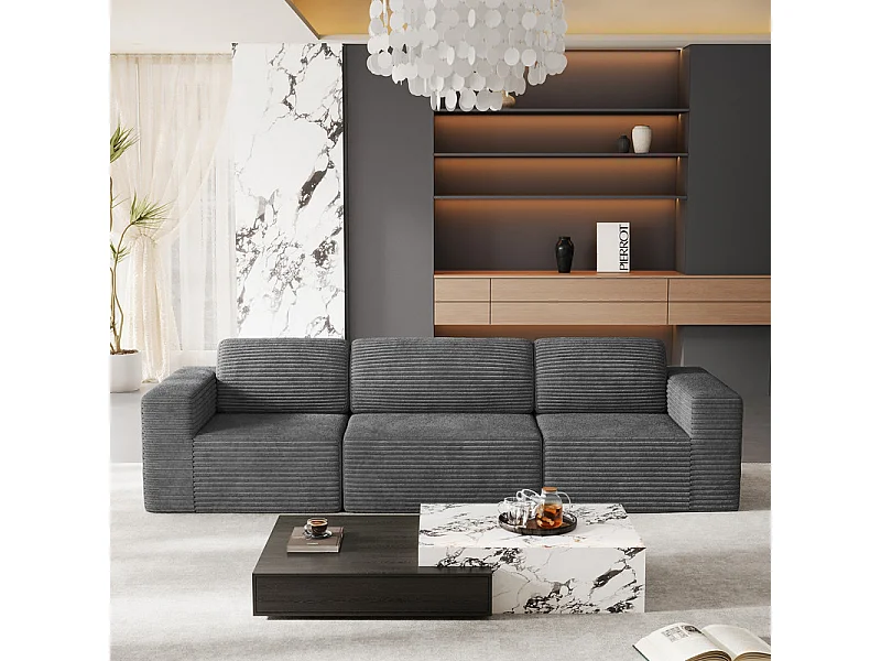 Canapé 3 places modulable en Velours Côtelé, avec 3 coussins, 303x101x82cm, Gris