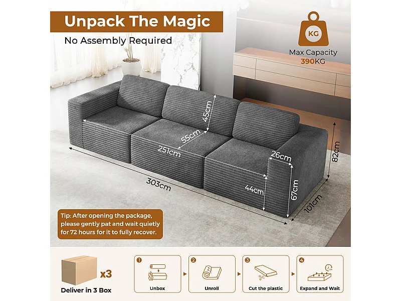 Canapé 3 places modulable en Velours Côtelé, avec 3 coussins, 303x101x82cm, Gris