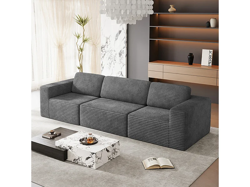 Canapé 3 places modulable en Velours Côtelé, avec 3 coussins, 303x101x82cm, Gris