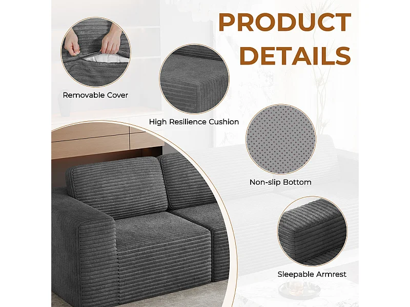 Canapé 3 places modulable en Velours Côtelé, avec 3 coussins, 303x101x82cm, Gris