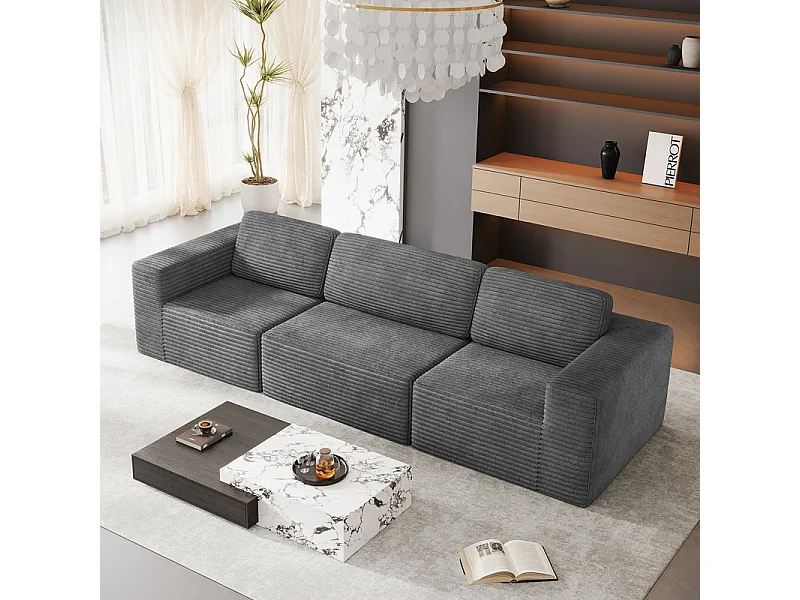 Canapé 3 places modulable en Velours Côtelé, avec 3 coussins, 303x101x82cm, Gris