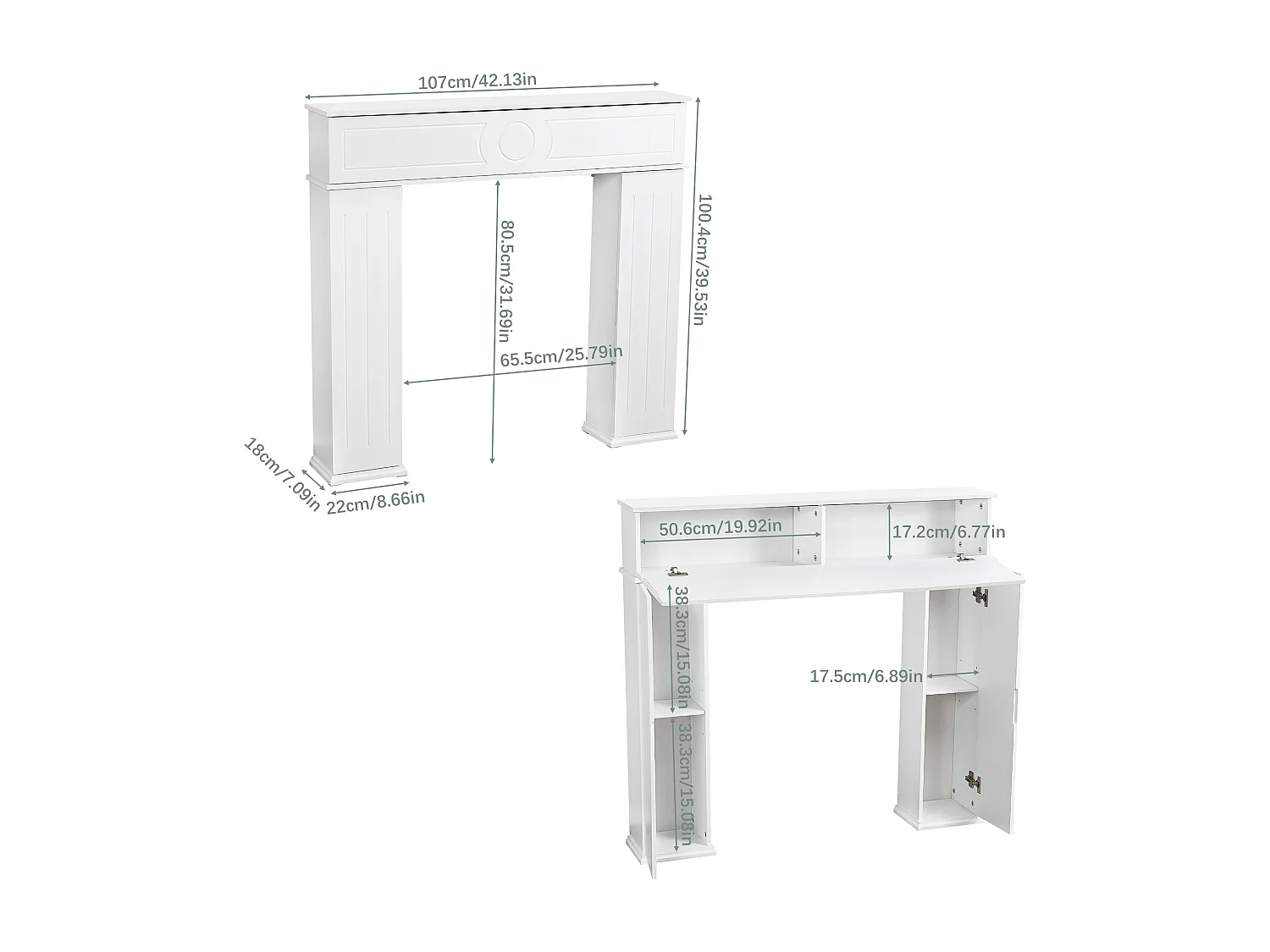 Cheminée avec espace de rangement et étagères - 107 x 100 x 18 cm - Blanc