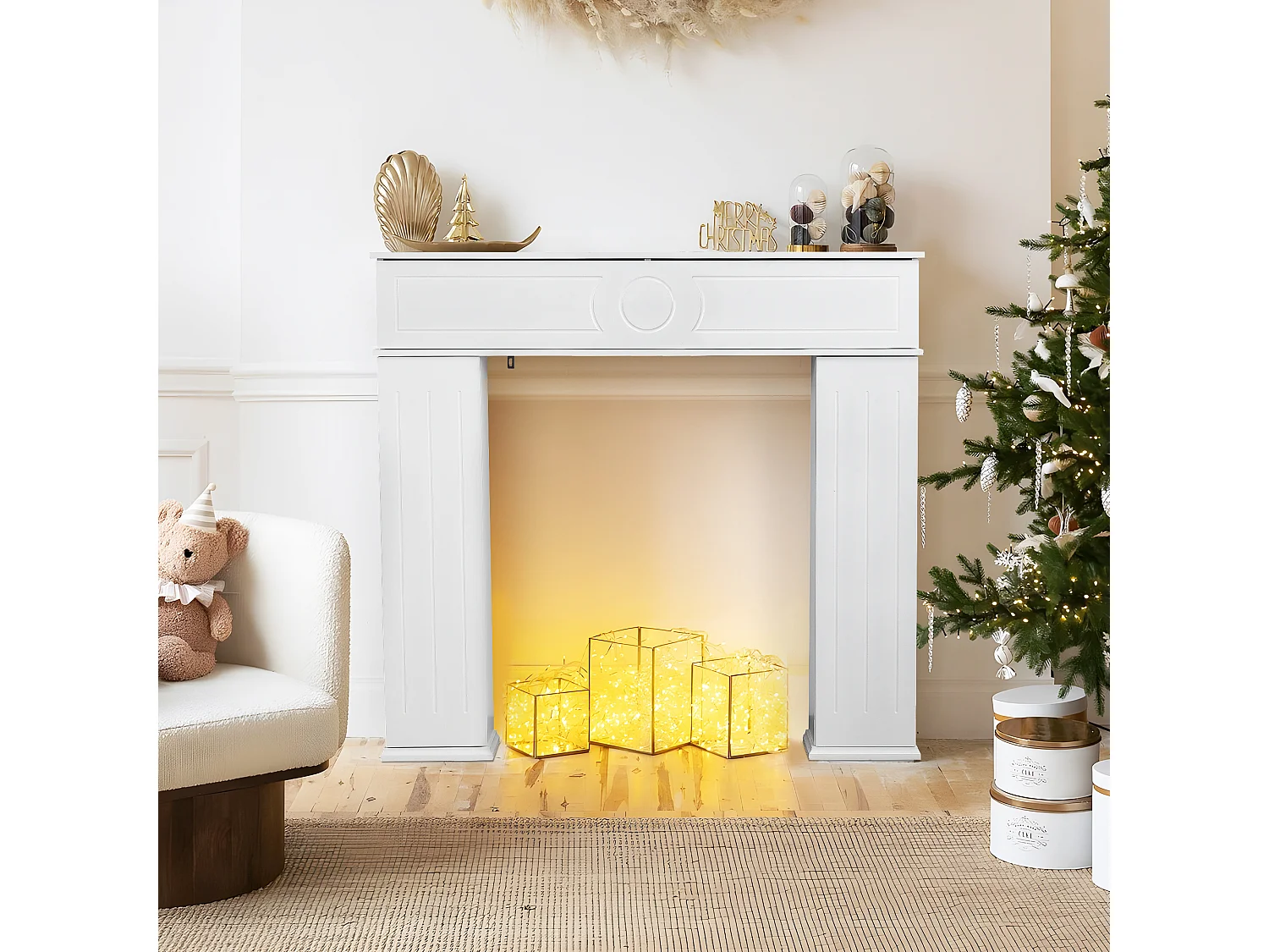 Cheminée avec espace de rangement et étagères - 107 x 100 x 18 cm - Blanc
