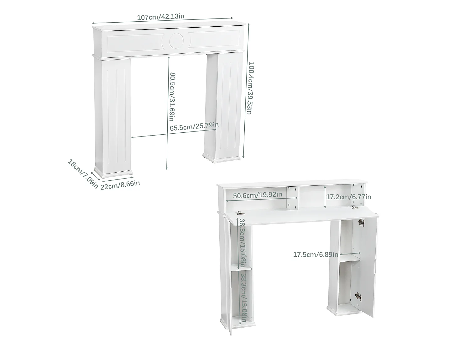 Cheminée avec espace de rangement et étagères - 107 x 100 x 18 cm - Blanc