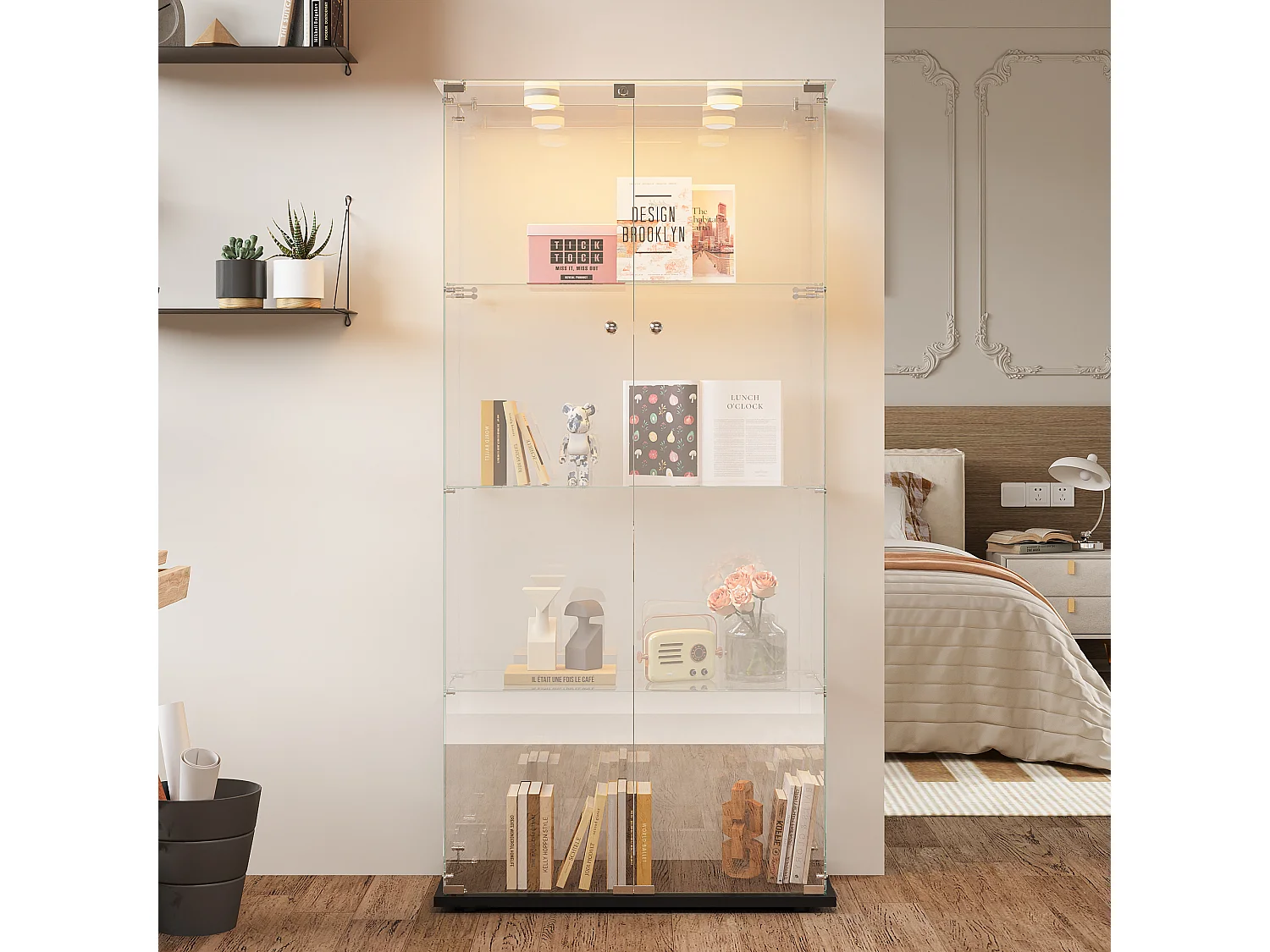 Glazen vitrinekast met sfeerverlichting, displaykast, 2 afsluitbare deuren, 4 planken, 163 x 78,5 x 35 cm, zwart