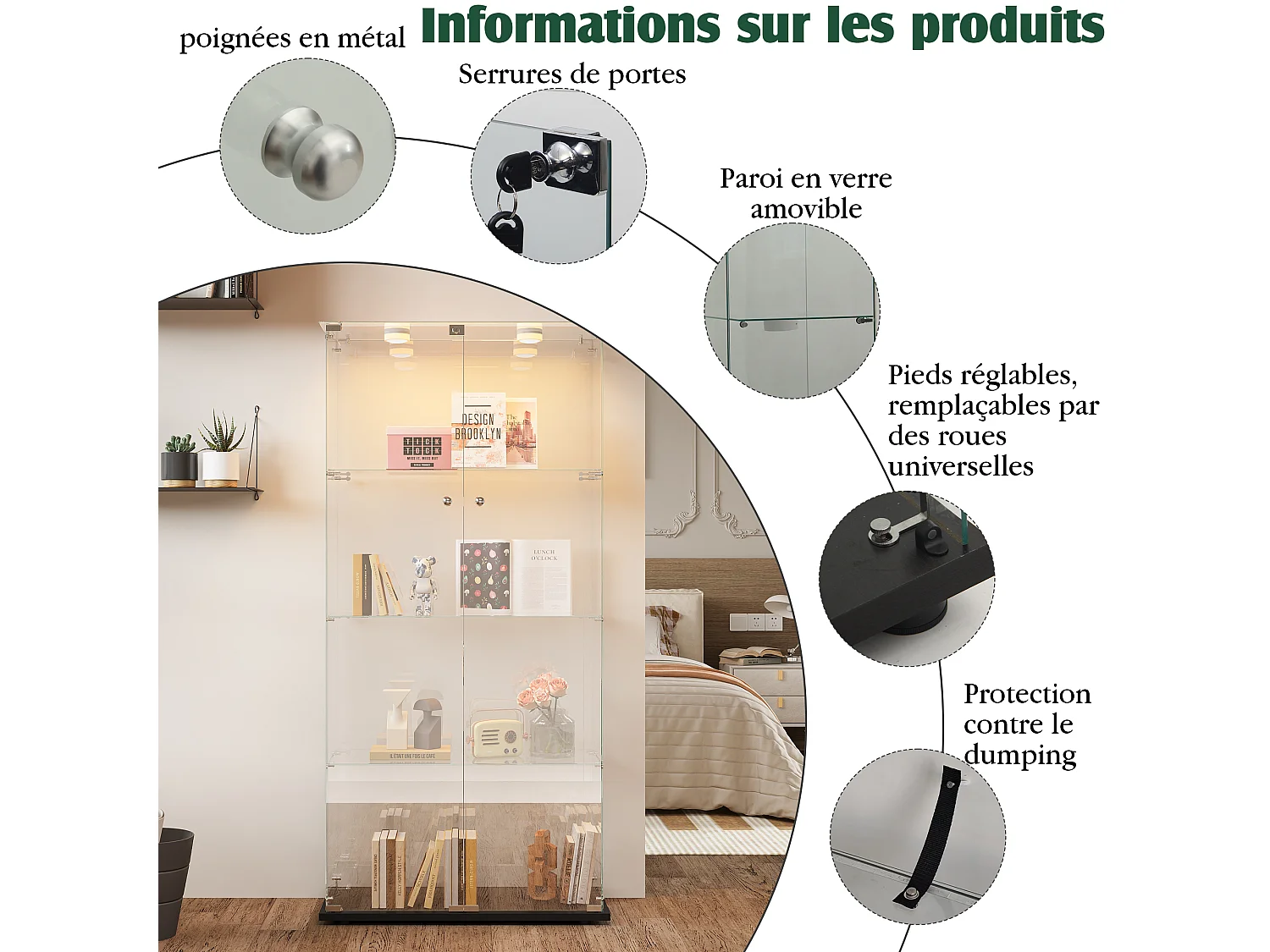 Glazen vitrinekast met sfeerverlichting, displaykast, 2 afsluitbare deuren, 4 planken, 163 x 78,5 x 35 cm, zwart