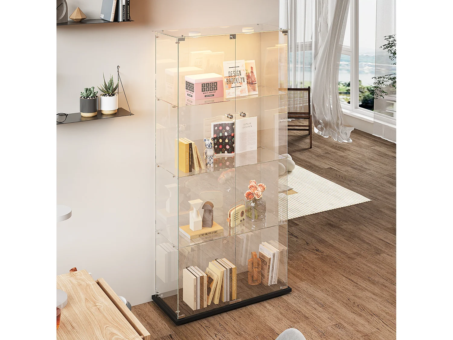 Glazen vitrinekast met sfeerverlichting, displaykast, 2 afsluitbare deuren, 4 planken, 163 x 78,5 x 35 cm, zwart