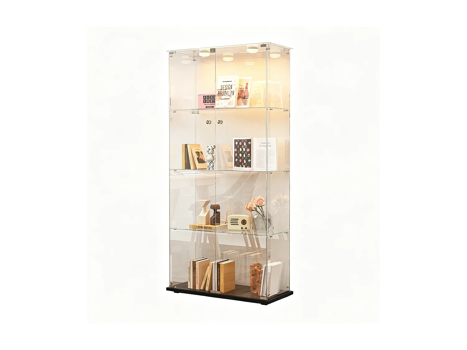 Glazen vitrinekast met sfeerverlichting, displaykast, 2 afsluitbare deuren, 4 planken, 163 x 78,5 x 35 cm, zwart
