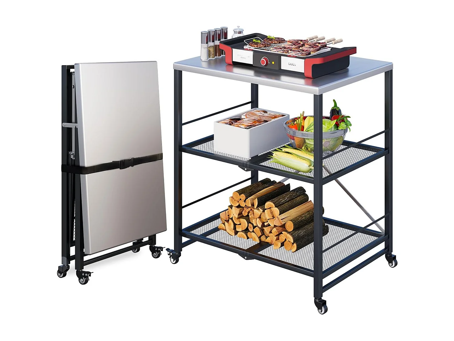 YODOLLA Table Pliable en Acier Inoxydable, Chariot 3 Niveaux sur Roulettes pour Four à Pizza et BBQ Extérieur, Argent