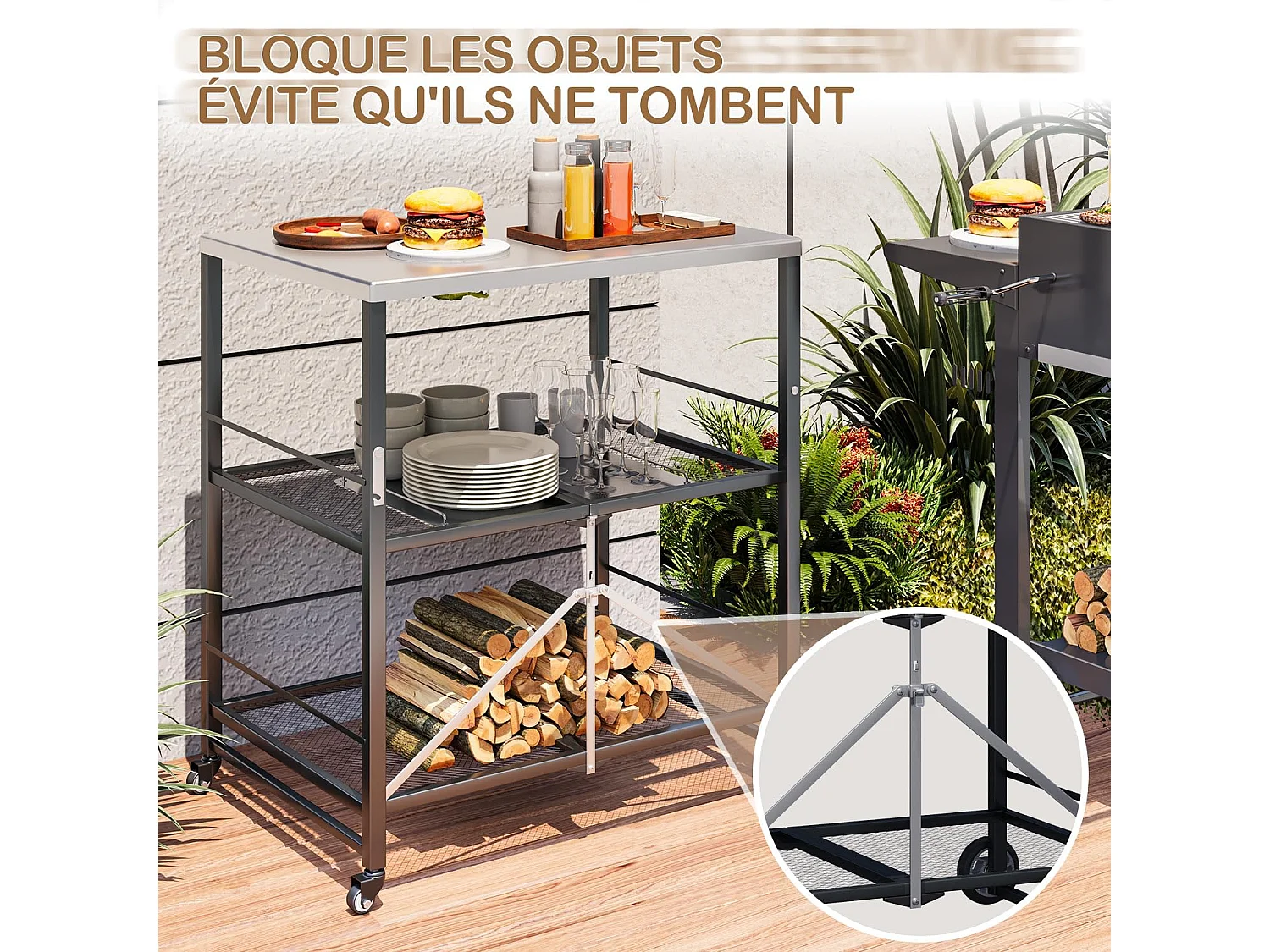 YODOLLA Table Pliable en Acier Inoxydable, Chariot 3 Niveaux sur Roulettes pour Four à Pizza et BBQ Extérieur, Argent
