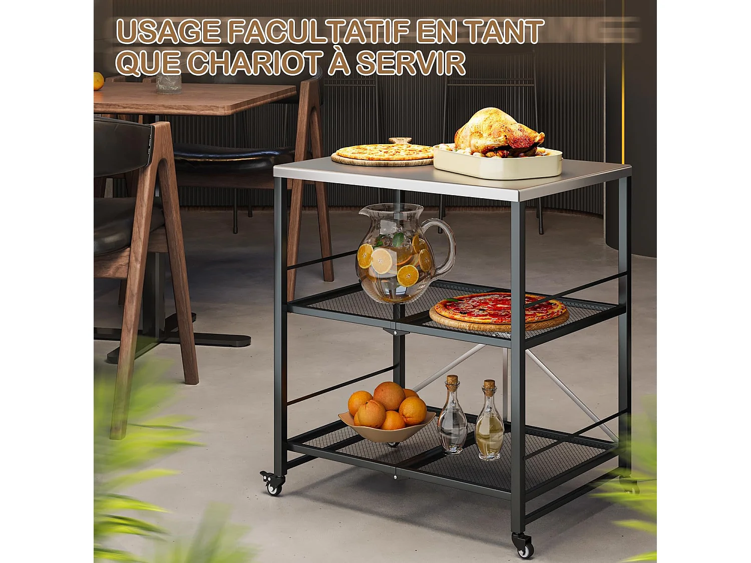 YODOLLA Table Pliable en Acier Inoxydable, Chariot 3 Niveaux sur Roulettes pour Four à Pizza et BBQ Extérieur, Argent