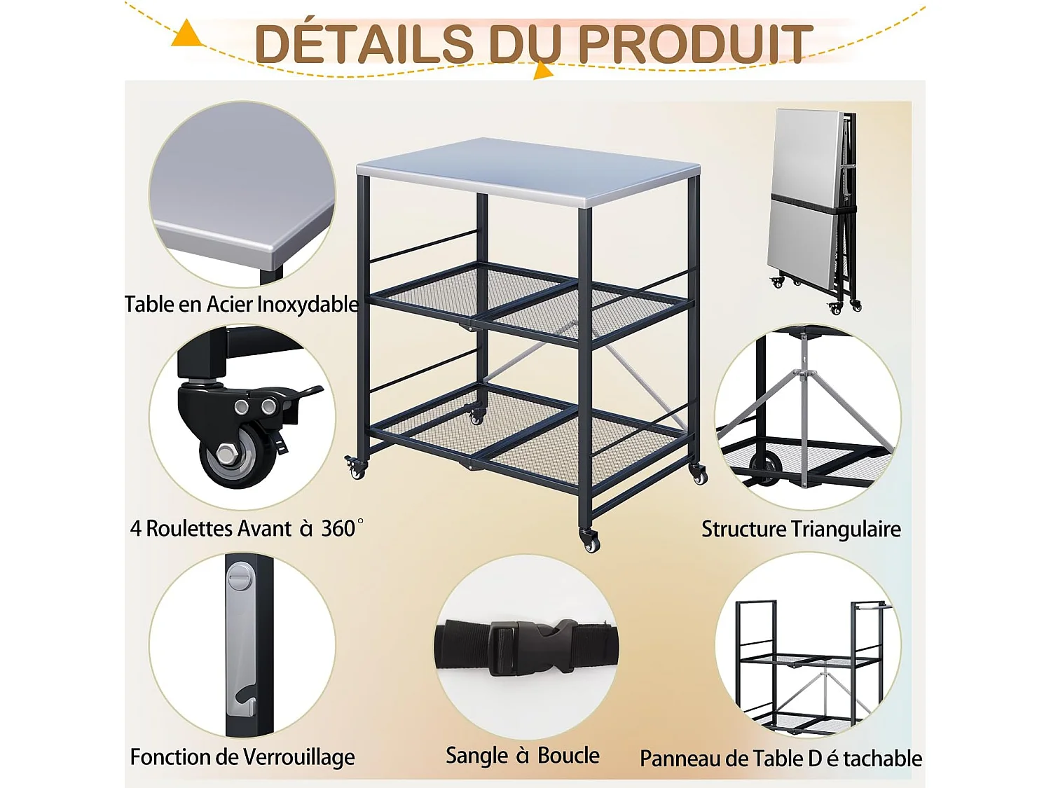YODOLLA Table Pliable en Acier Inoxydable, Chariot 3 Niveaux sur Roulettes pour Four à Pizza et BBQ Extérieur, Argent
