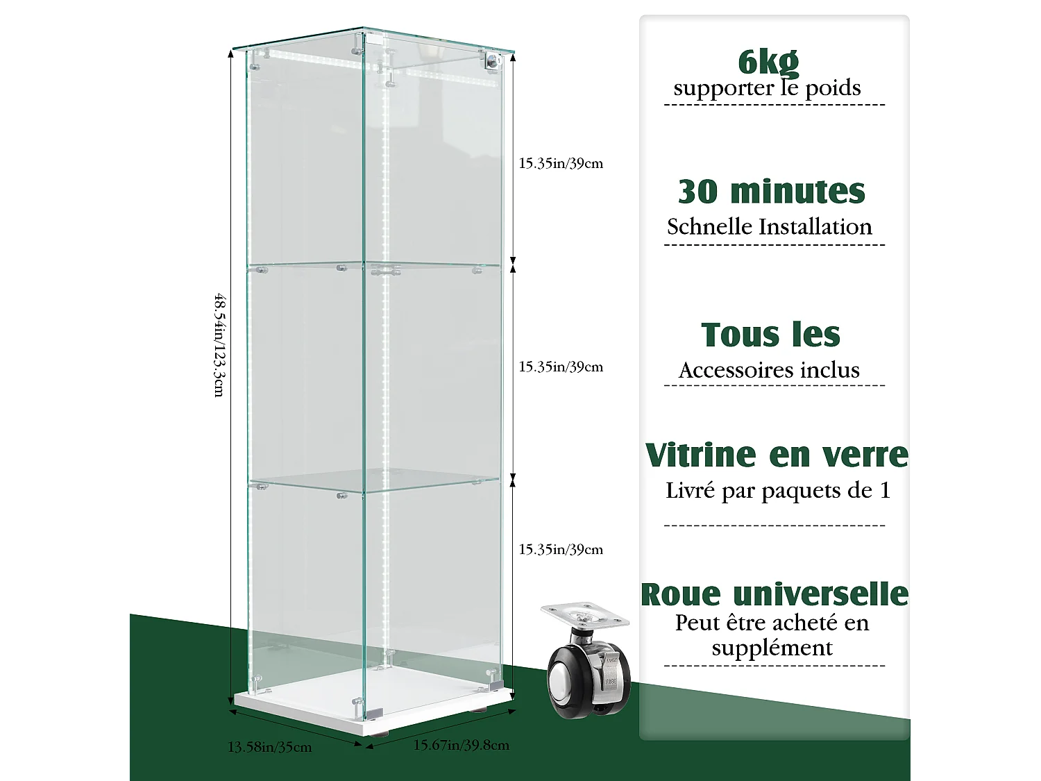 Vitrine en verre à 3 étagères avec éclairage LED - 123.3 x 39.8 x 35 cm - Vitrine étroite - blanc