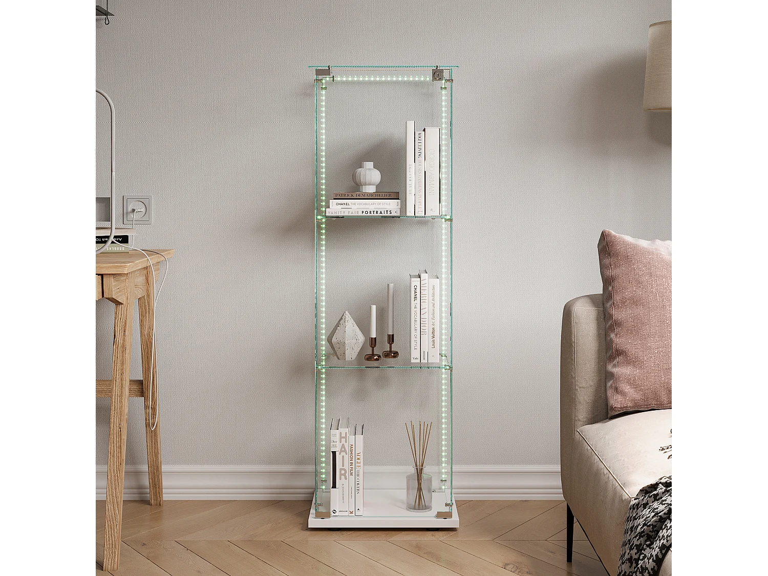 Glazen vitrinekast met 3 lagen en LED-verlichting – 123,3 x 39,8 x 35 cm – Smalle vitrinekast – Wit