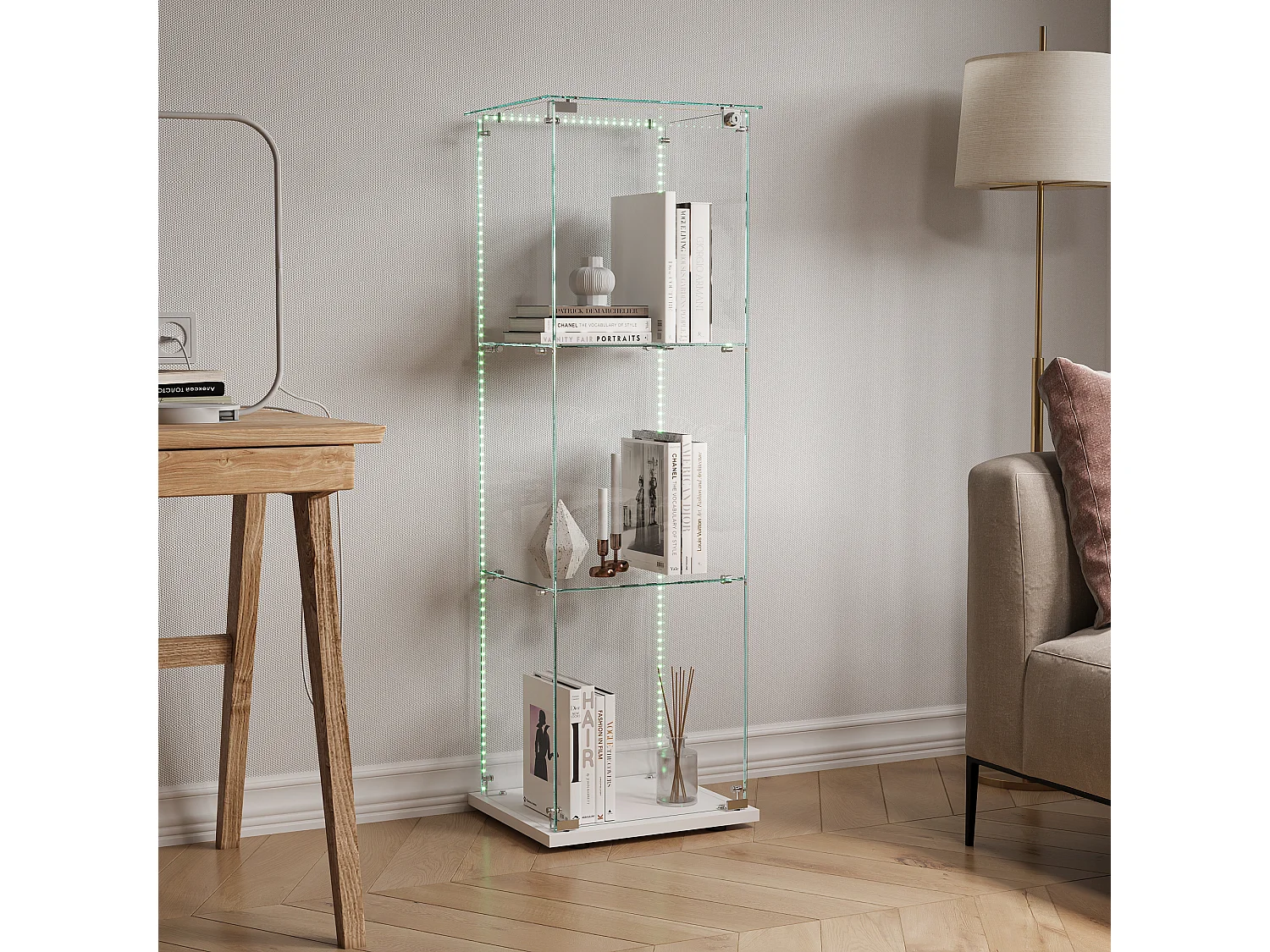Glazen vitrinekast met 3 lagen en LED-verlichting – 123,3 x 39,8 x 35 cm – Smalle vitrinekast – Wit