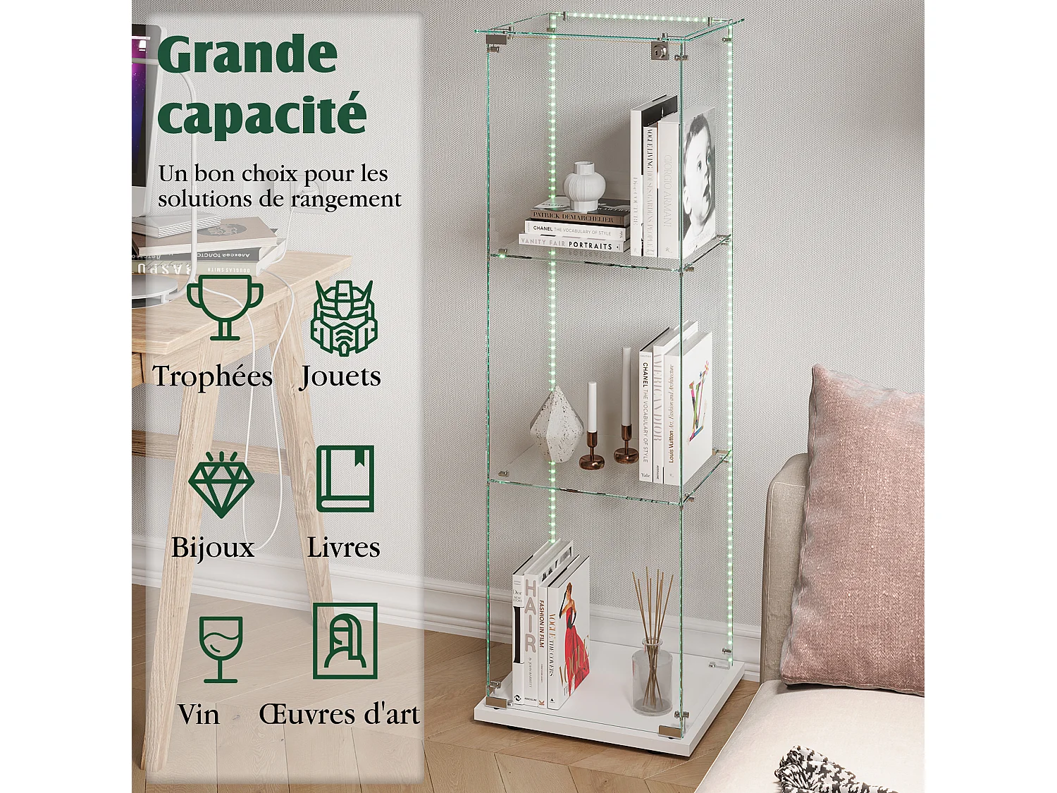 Glazen vitrinekast met 3 lagen en LED-verlichting – 123,3 x 39,8 x 35 cm – Smalle vitrinekast – Wit