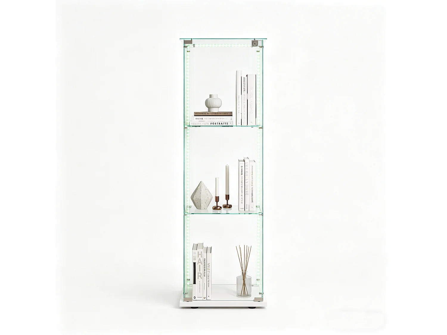 Glazen vitrinekast met 3 lagen en LED-verlichting – 123,3 x 39,8 x 35 cm – Smalle vitrinekast – Wit