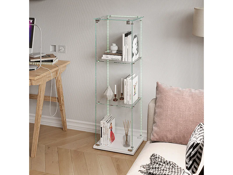 Vitrine en verre à 3 étagères avec éclairage LED - 123.3 x 39.8 x 35 cm - Vitrine étroite - blanc