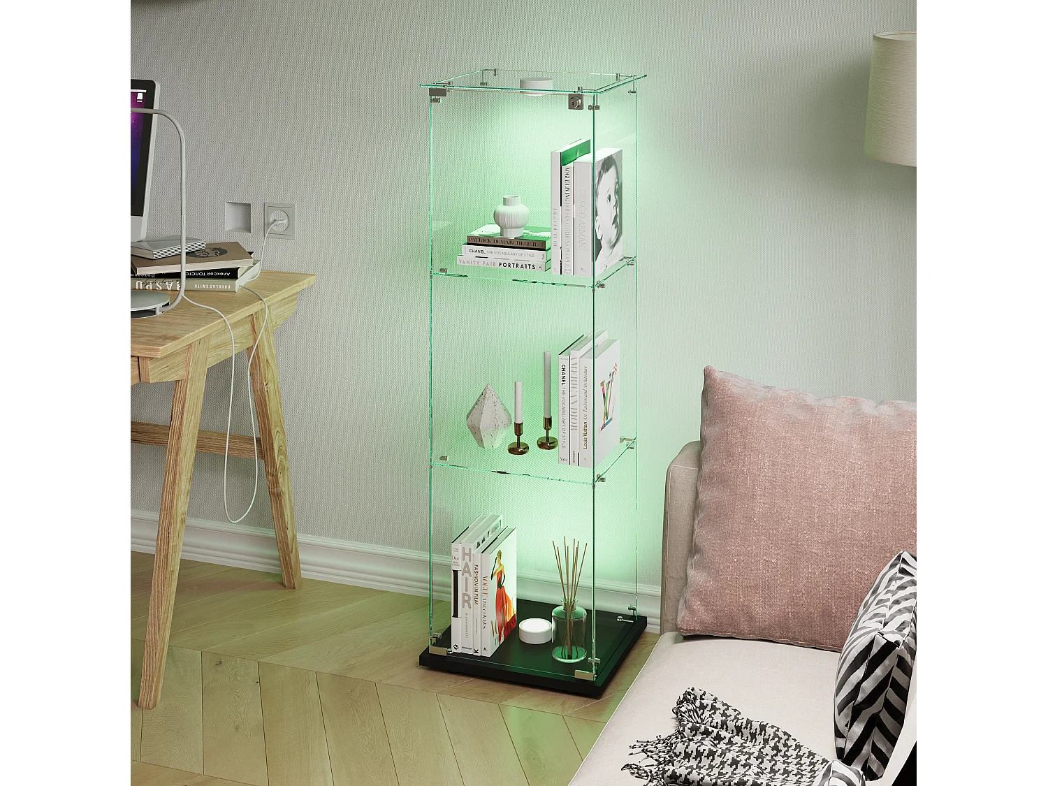 Vitrine en verre à 3 étagères avec luminaire tactile - 123.3 x 39.8 x 35 cm - Vitrine étroite - noir