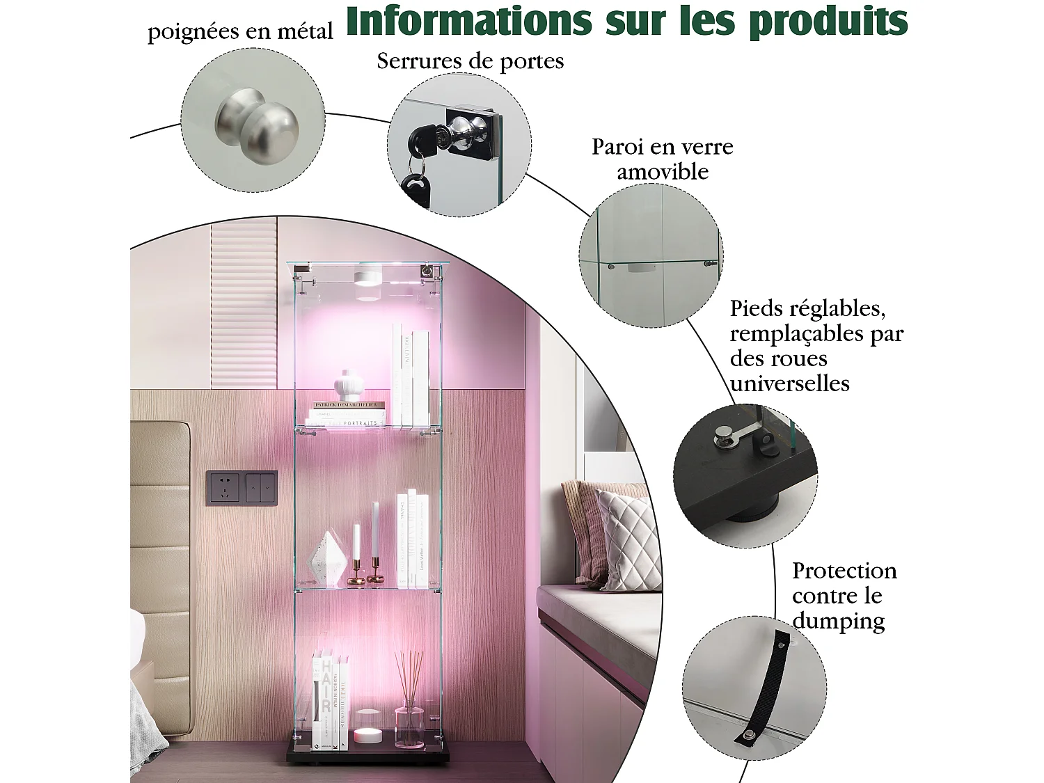 Vitrine en verre à 3 étagères avec luminaire tactile - 123.3 x 39.8 x 35 cm - Vitrine étroite - noir