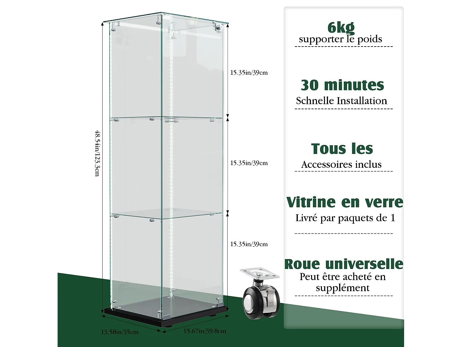 Vitrine en verre à 3 étagères avec luminaire tactile - 123.3 x 39.8 x 35 cm - Vitrine étroite - noir