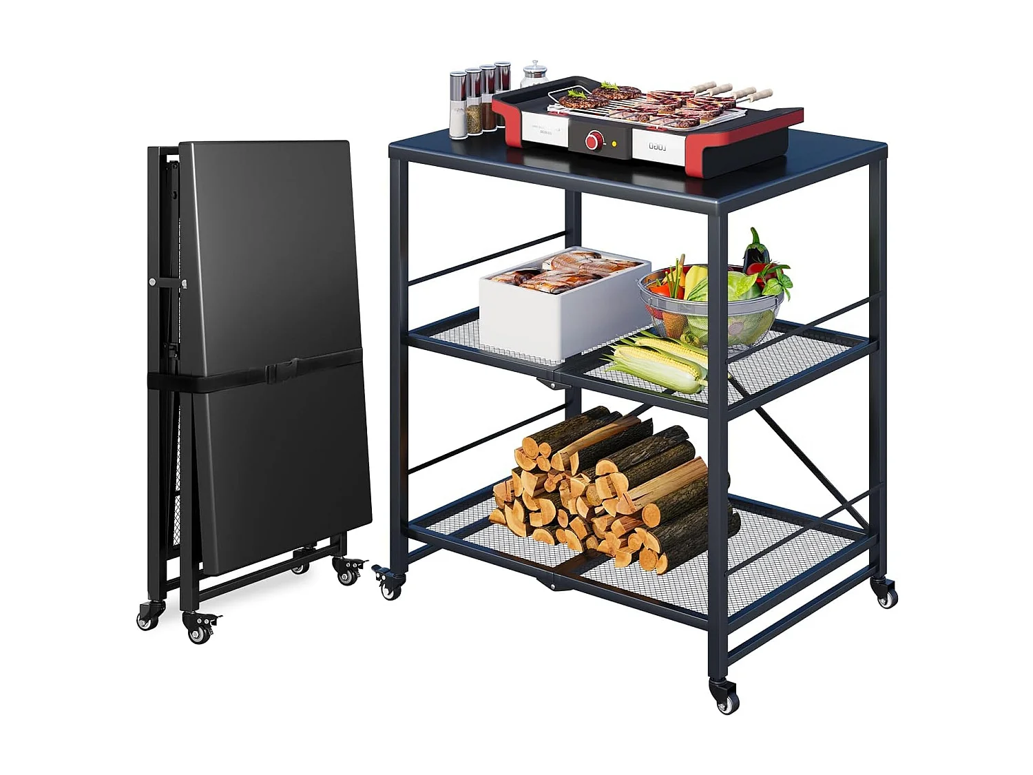 YODOLLA Table Pliable en Acier Inoxydable, Chariot 3 Niveaux sur Roulettes pour Four à Pizza et BBQ Extérieur, Noir