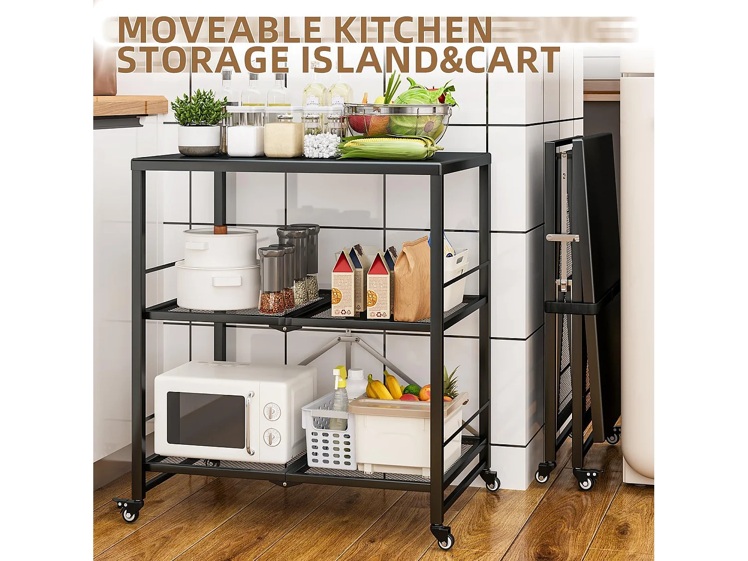 YODOLLA Table Pliable en Acier Inoxydable, Chariot 3 Niveaux sur Roulettes pour Four à Pizza et BBQ Extérieur, Noir