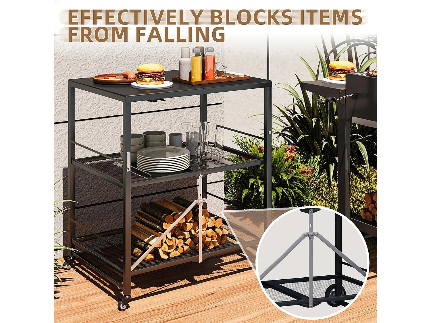 YODOLLA Table Pliable en Acier Inoxydable, Chariot 3 Niveaux sur Roulettes pour Four à Pizza et BBQ Extérieur, Noir