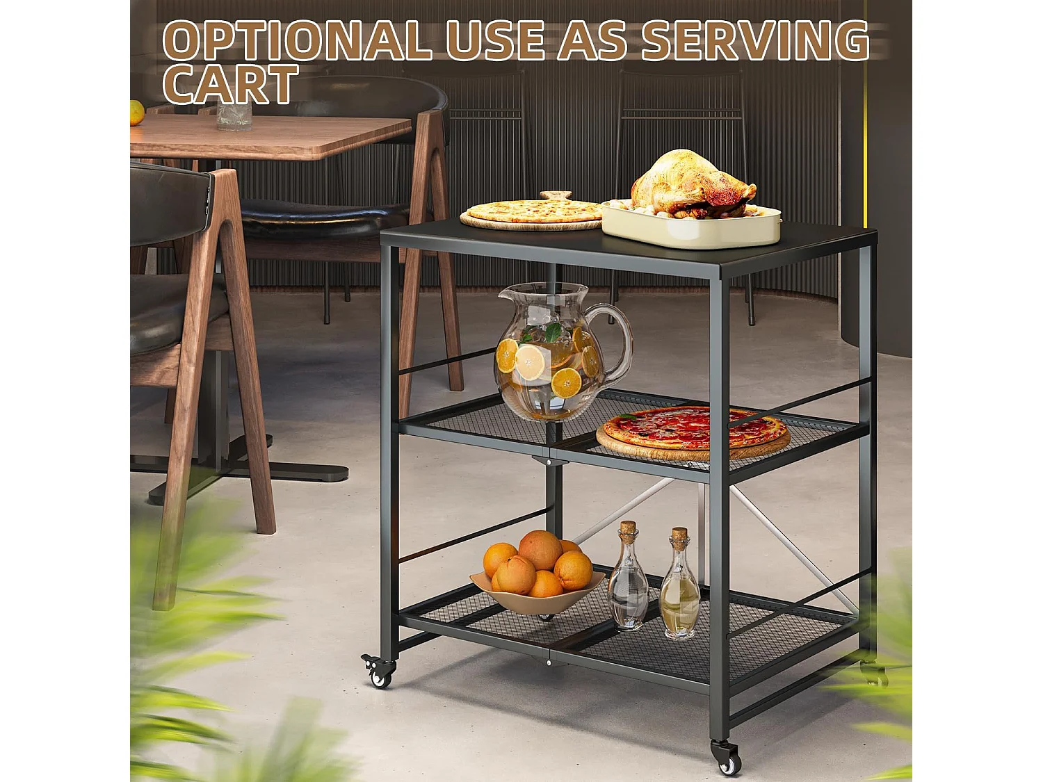 YODOLLA Table Pliable en Acier Inoxydable, Chariot 3 Niveaux sur Roulettes pour Four à Pizza et BBQ Extérieur, Noir