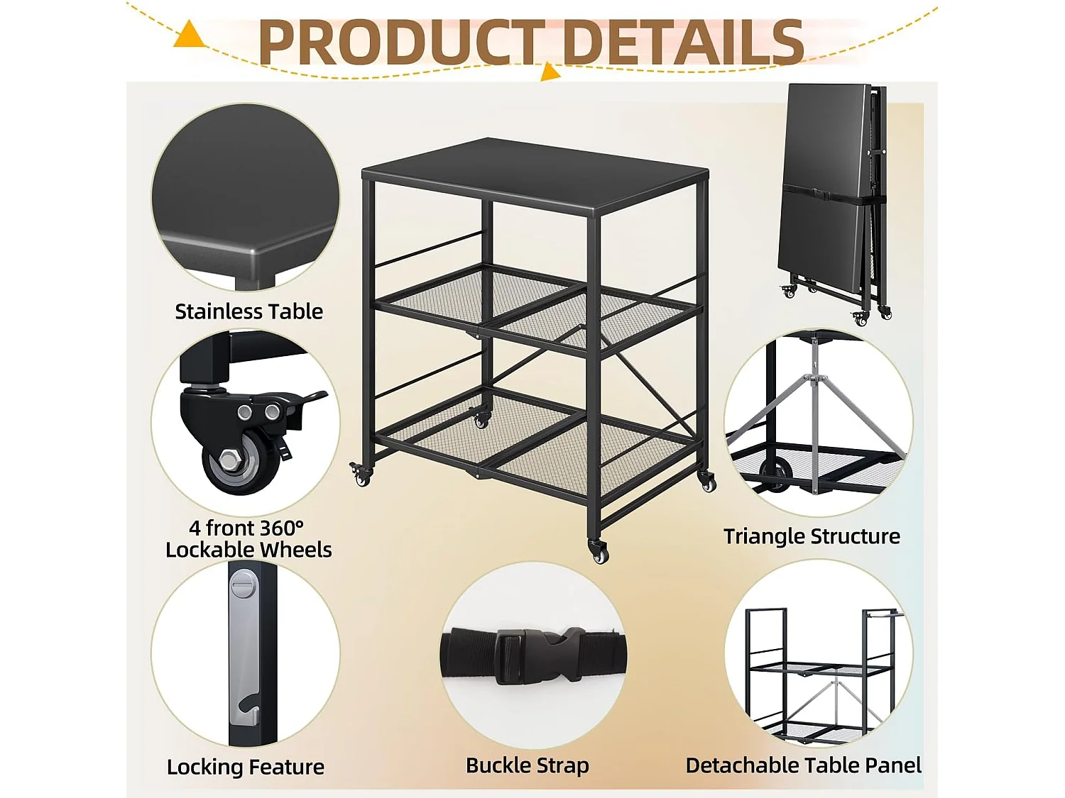 YODOLLA Table Pliable en Acier Inoxydable, Chariot 3 Niveaux sur Roulettes pour Four à Pizza et BBQ Extérieur, Noir