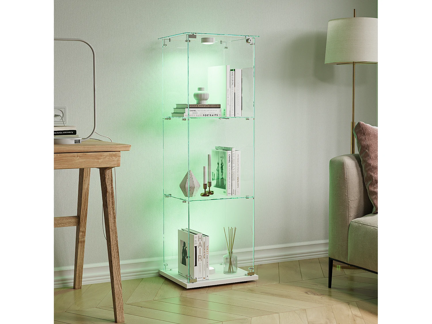 Glazen vitrinekast met 3 planken en touchverlichting – 123,3 x 39,8 x 35 cm – Smalle vitrinekast – wit