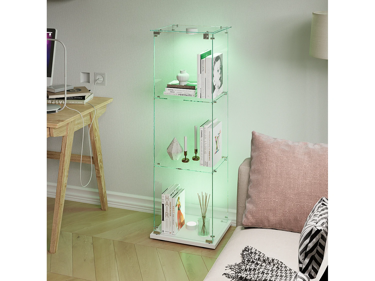 Glazen vitrinekast met 3 planken en touchverlichting – 123,3 x 39,8 x 35 cm – Smalle vitrinekast – wit