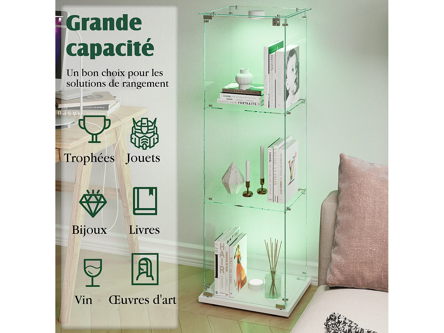 Glazen vitrinekast met 3 planken en touchverlichting – 123,3 x 39,8 x 35 cm – Smalle vitrinekast – wit