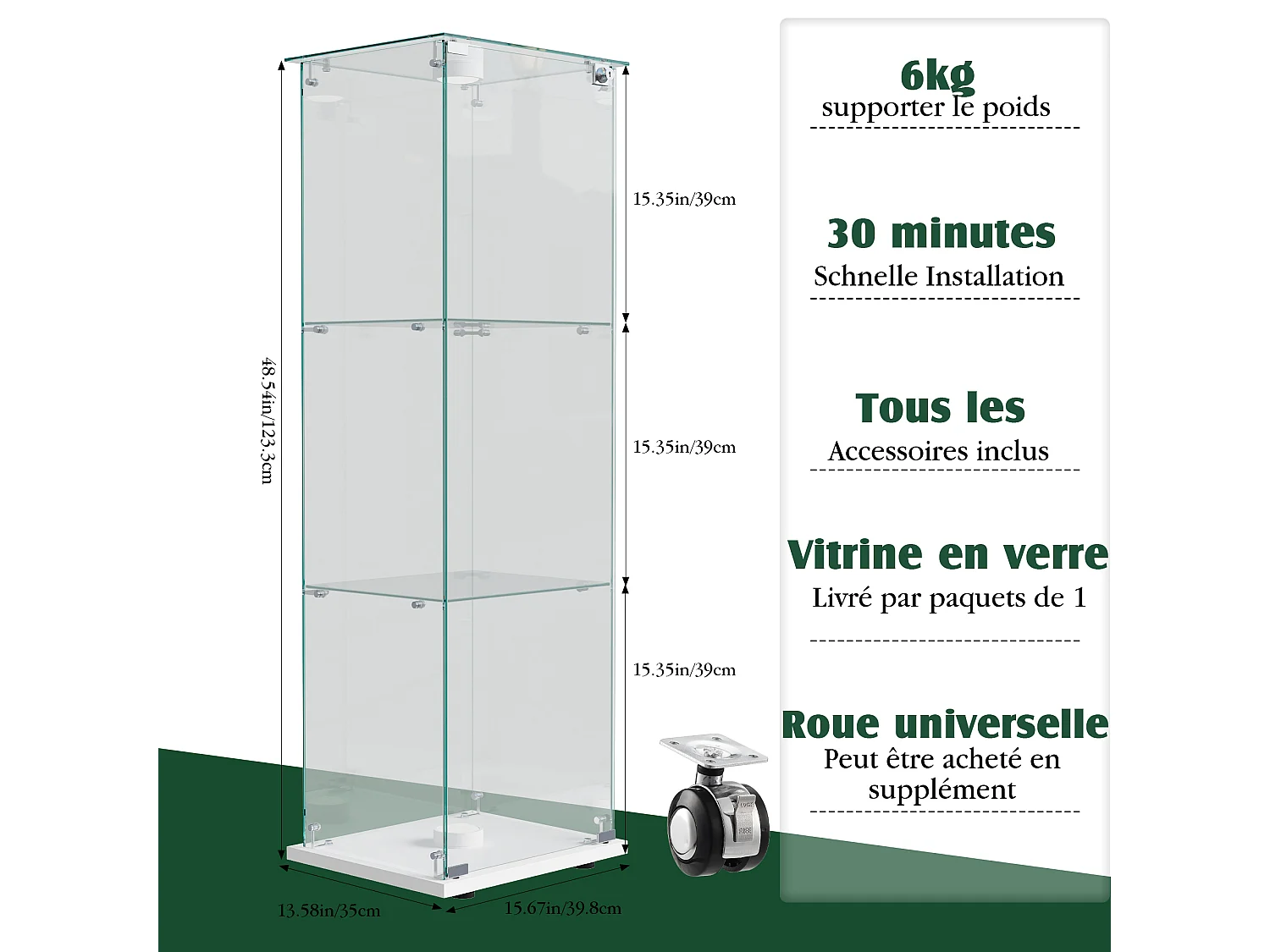 Glazen vitrinekast met 3 planken en touchverlichting – 123,3 x 39,8 x 35 cm – Smalle vitrinekast – wit