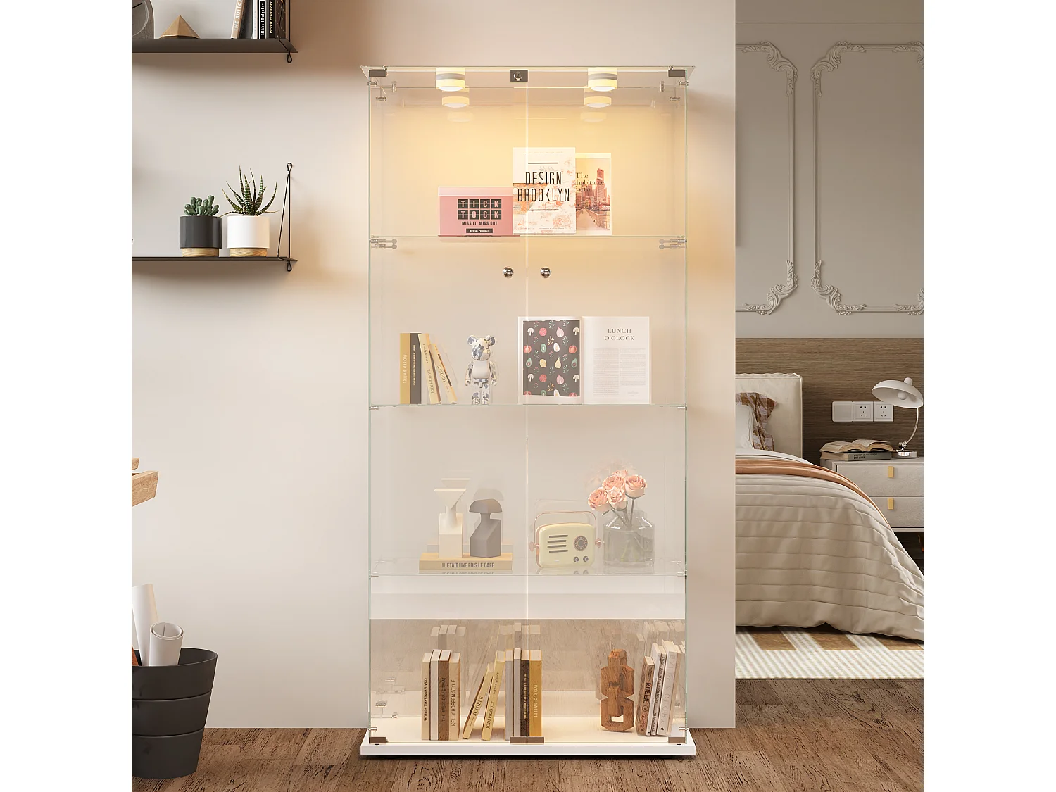 Vitrine vitrée avec lampe à tapotement, meuble de présentation, 2 portes verrouillables, 4 étagères, 163 x 78,5 x 35 cm, blanc