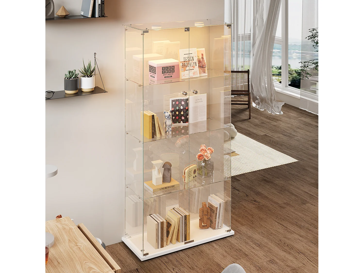 Vitrine vitrée avec lampe à tapotement, meuble de présentation, 2 portes verrouillables, 4 étagères, 163 x 78,5 x 35 cm, blanc